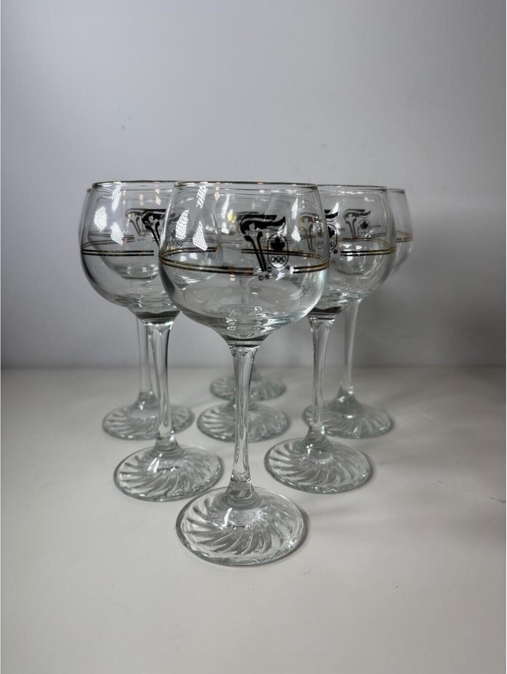 Vintage Olympic 1988 Wine Glasses 22K Gold Lot of 7 Calgary Torch Rings Canada
